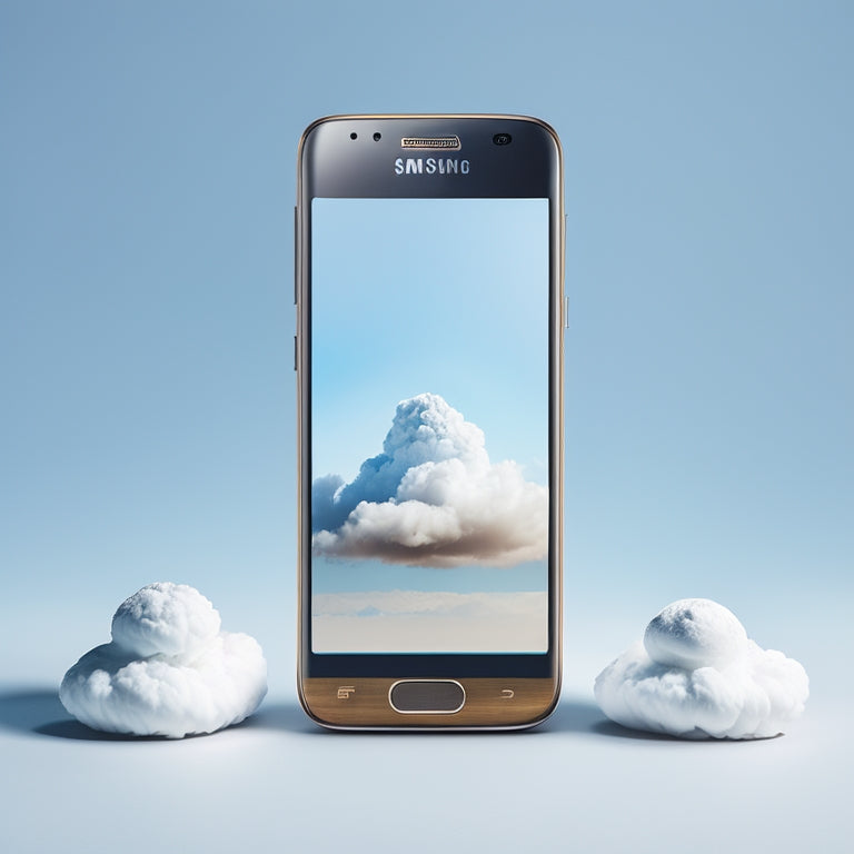 A minimalist illustration featuring a Samsung Galaxy smartphone placed on a subtle galaxy-inspired background, with a stylized OneDrive cloud hovering above, connected by a sleek, curved arrow.