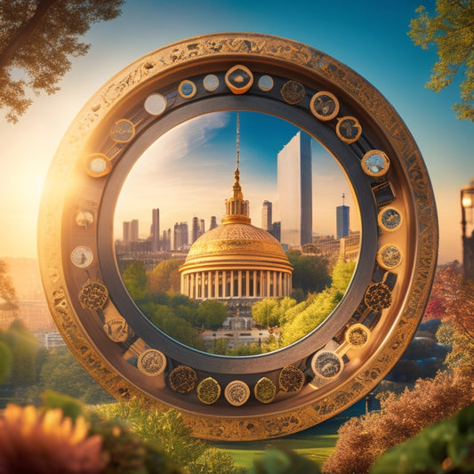 A vibrant, circular hub with interconnected gears, symbolizing unity and support, surrounded by diverse icons of people, buildings, and nature, radiating outward in a warm, golden light.