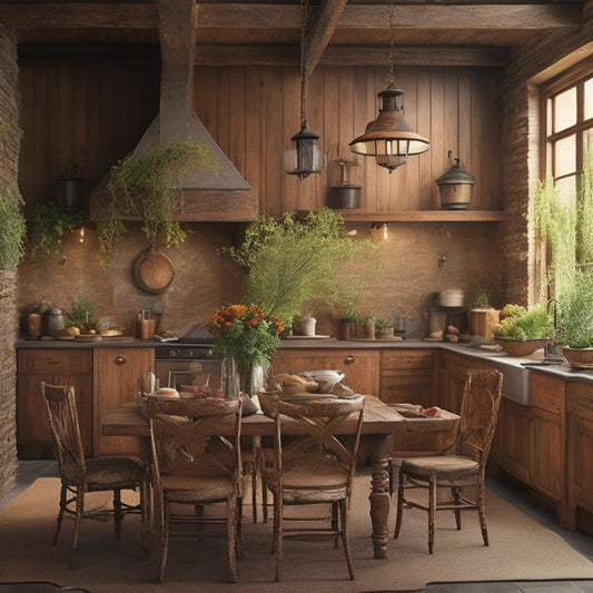 A warm, golden-lit kitchen with exposed wooden beams, worn brick walls, and a distressed wooden island, adorned with vintage metal lanterns and lush greenery, surrounded by rustic wooden chairs.