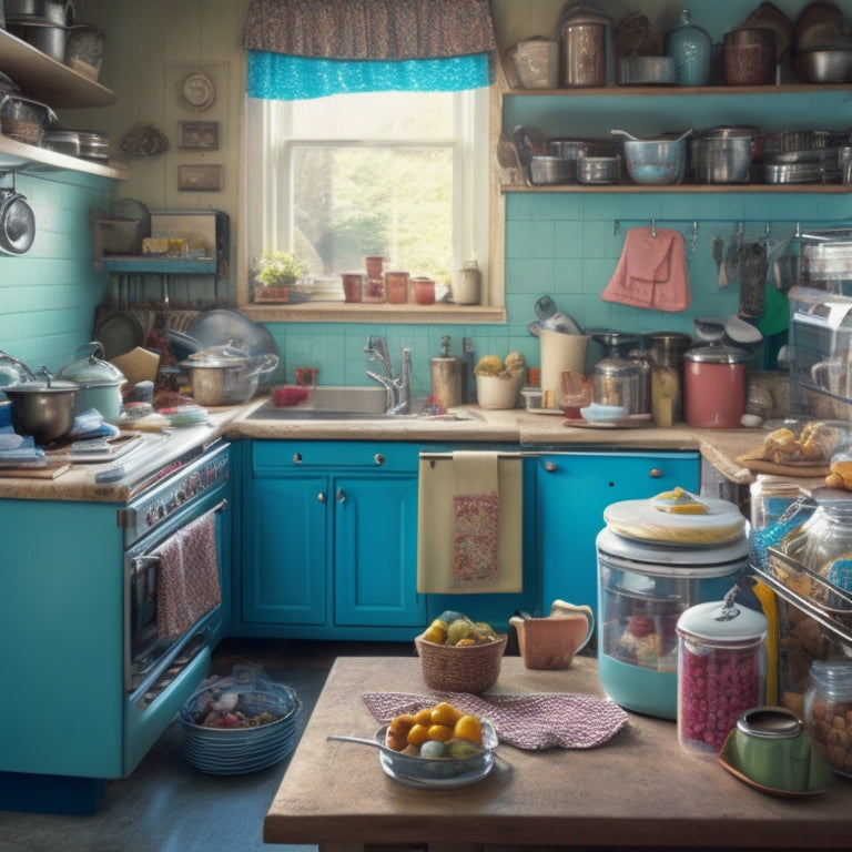 A cluttered kitchen with a mix of modern and outdated appliances, utensils overflowing from drawers, and a calendar-covered fridge, surrounded by dirty dishes and a faint hint of chaos.