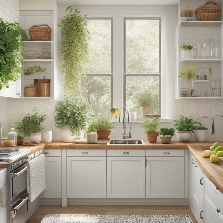 A bright, modern kitchen with sleek white cabinets, warm wooden countertops, and a large window with greenery outside, featuring various storage solutions like baskets, shelves, and a pegboard.