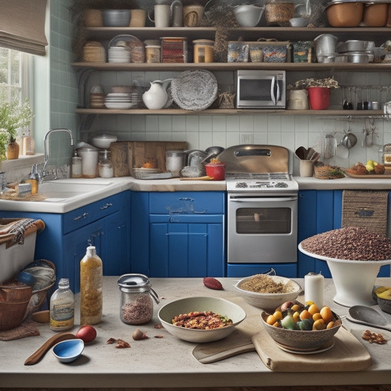 A messy kitchen scene with overflowing countertops, dirty dishes piled high in the sink, and a cluttered pantry with food items spilling out, contrasting with a small, tidy corner featuring a few organized cookbooks and a single, gleaming utensil.