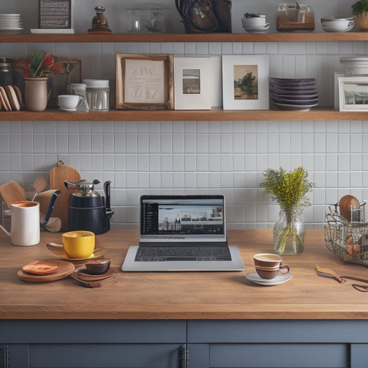 A tidy kitchen with a laptop and a cup of coffee on a clutter-free countertop, surrounded by organized utensils, cookbooks, and a calendar on the wall with a "Course Schedule" tab.