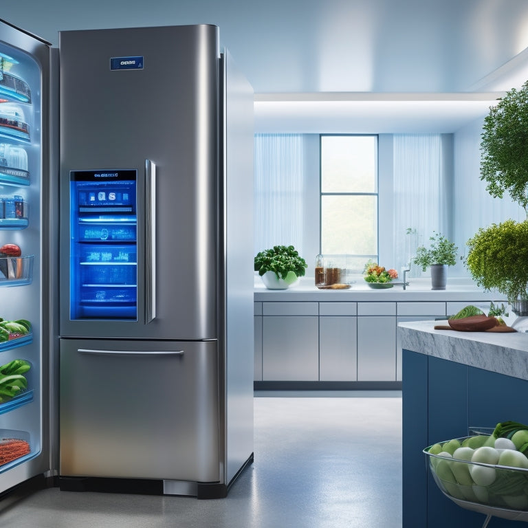 A futuristic kitchen with sleek, silver Bosch refrigerators featuring large touch screens, automatic door opening, and advanced climate control systems, surrounded by gleaming utensils and fresh produce.