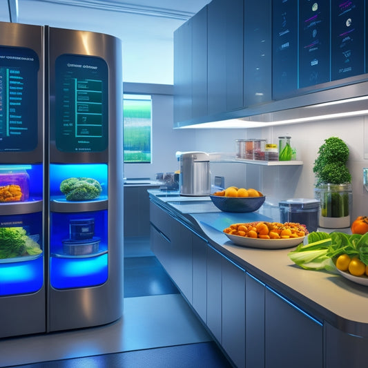 A futuristic, high-tech kitchen with transparent, glowing storage containers, automated inventory management systems, and a large, circular, touch-sensitive display screen showcasing real-time food safety data.