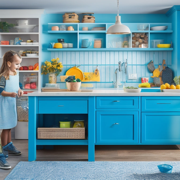 A bright, modern kitchen with a large island, lower cabinets with pull-out drawers, and a pegboard with labeled bins and hooks, surrounded by happy, messy children and a calm, smiling mother.