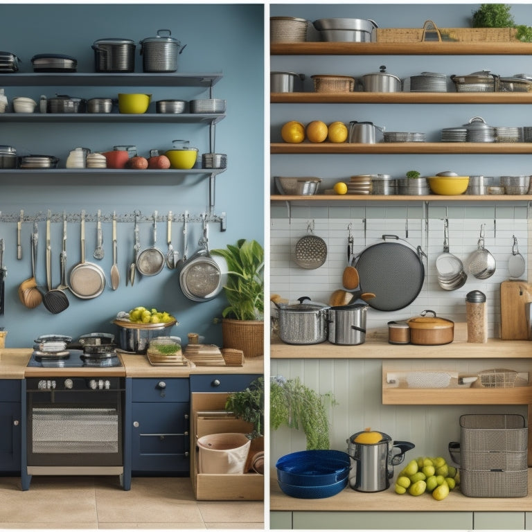 A cluttered kitchen with overflowing cookware stacked haphazardly, then a split-screen transformation to a tidy space with pots and pans neatly organized on a pegboard, in a compact cabinet, and on a hanging rack.