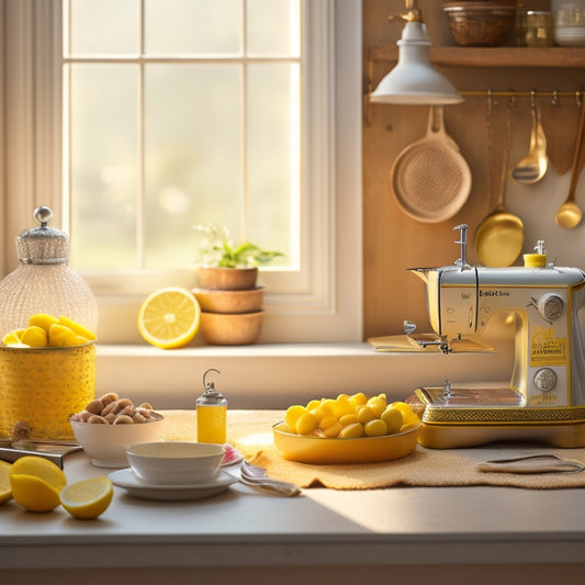 A warm and inviting kitchen scene featuring a few lemon-shaped kitchen gadgets, a small vintage sewing machine, and a few scraps of yellow and white polka-dot fabric, surrounded by soft, golden lighting.