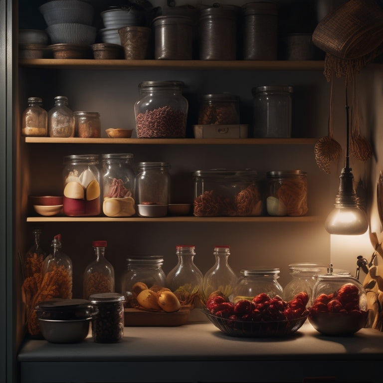 A dimly lit, cluttered kitchen cabinet with overflowing storage bins, tangled cords, and dusty jars, surrounded by faint shadows and soft, warm lighting, evoking a sense of disorganization and chaos.