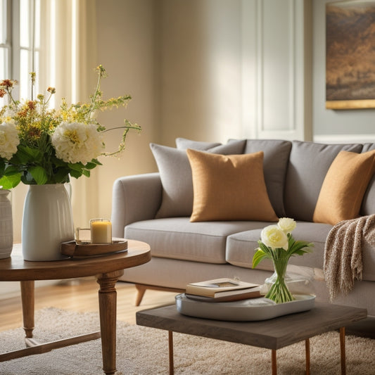 A serene, well-lit living room with a tidy coffee table, a vase with fresh flowers, and a few strategically placed throw pillows, surrounded by spotless walls and polished hardwood floors.