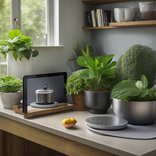 A modern kitchen countertop with a sleek tablet, a wireless charging pad, and a smart speaker, surrounded by a few, carefully selected cookbooks and a small, thriving potted herb plant.