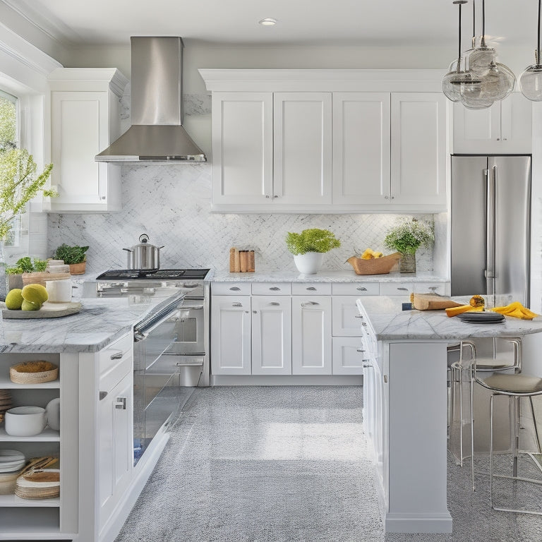 A bright, modern kitchen with white cabinets, marble countertops, and stainless steel appliances, featuring a large, open shelf with neatly organized cookbooks, spices, and utensils, and a laptop with an open spreadsheet.