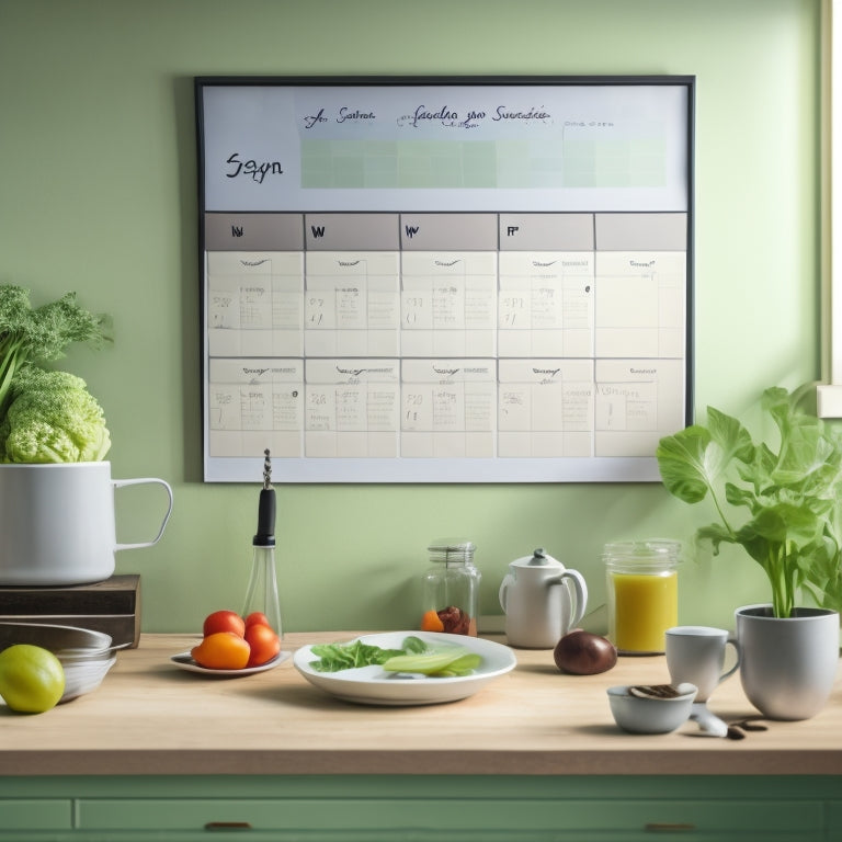 A serene kitchen background with a large, open calendar on the wall, surrounded by colorful sticky notes, a few fresh vegetables, and a single, steaming cup of coffee on a small table.