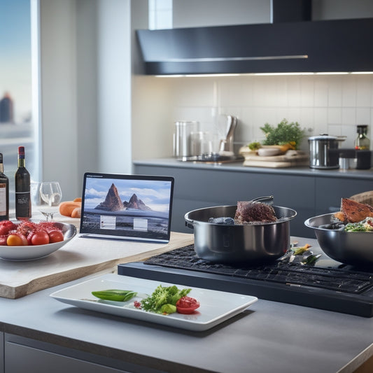 A sleek, modern kitchen with a laptop open on the counter, a chef's hat and utensils nearby, surrounded by neatly portioned meals in containers, with a blurred background of a cooking class video playing on the screen.