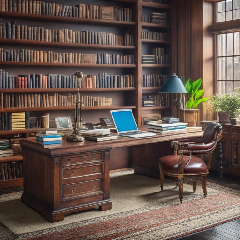 A serene, organized study with a wooden desk, a laptop, and a few, strategically-placed, leather-bound books, surrounded by neat, color-coded ebook folders on a sleek, floor-to-ceiling bookshelf.