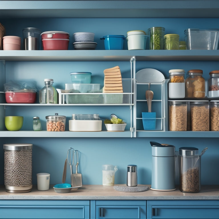 A cluttered kitchen counter with various plastic containers, lids, and utensils scattered chaotically, next to a serene, organized cabinet with neatly stacked containers and a few utensils hanging from a pegboard.