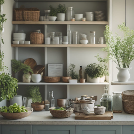 A serene, well-organized kitchen with a few, carefully selected cookbooks on a wooden shelf, a utensil organizer on the counter, and a single, elegant vase with fresh greens on the island.