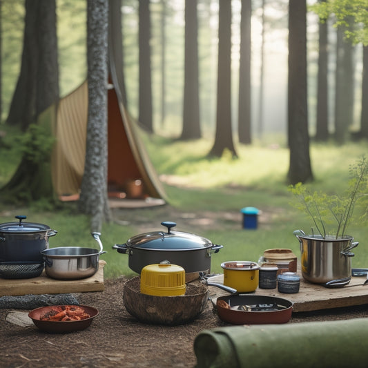 A serene forest campsite with a tidy kitchen area, featuring a compact camping stove, a few sleek pots and pans, a utensil organizer, and a neatly arranged cooler in the background.