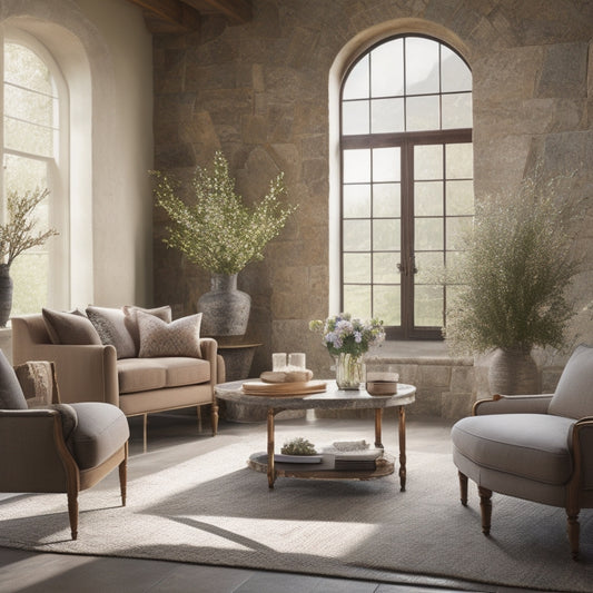 A serene, sunlit living room with plush cream armchairs, a reclaimed wood coffee table, and a vase with fresh flowers, set against a backdrop of natural stone walls and floor-to-ceiling windows.