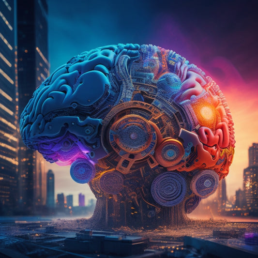 A colorful, futuristic brain surrounded by swirling gears, puzzle pieces, and sparks, with a subtle cityscape background, representing organized chaos and innovative problem-solving.