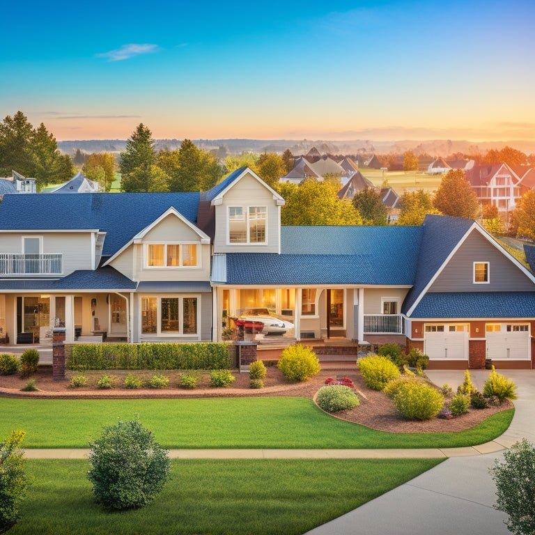 An illustration of a modern suburban neighborhood with various houses, each with a unique exterior design, surrounded by subtle graphs and charts in the background, blending seamlessly into the scenery.