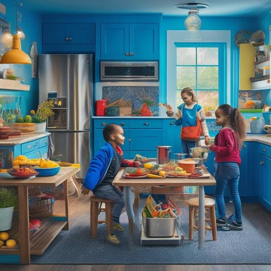 A colorful, dynamic illustration of a bustling kitchen with a busy parent multitasking: cooking on the stovetop, packing lunches, and helping a kid with homework, amidst a backdrop of sports equipment and school bags.