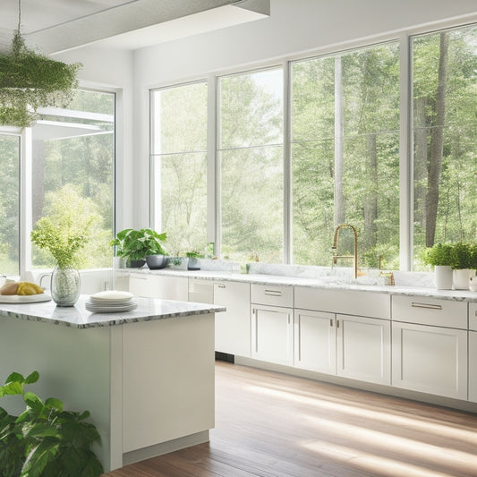 A bright, modern kitchen with sleek white cabinets, a large center island, and a stunning waterfall countertop, surrounded by lush greenery and natural light pouring in through a wall of windows.