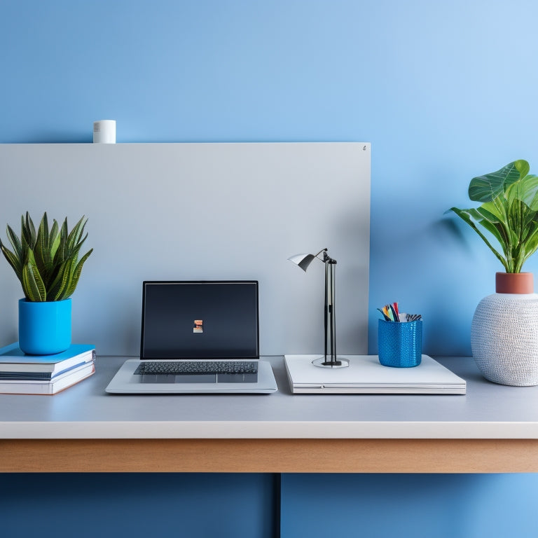 A minimalist, modern desk with a sleek laptop, surrounded by neatly organized ebooks on a virtual bookshelf, with colorful tabs and categorized folders, against a calming blue background.