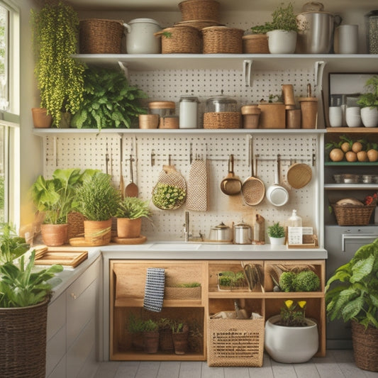 A tidy kitchen with a utensil organizer on the counter, a pegboard on the wall, and a pull-out pantry with labeled baskets, surrounded by a few strategically placed decorative plants.