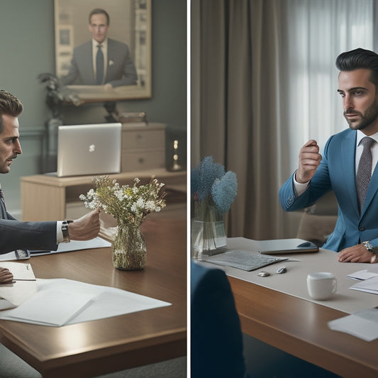 A split-screen image featuring a suited real estate agent confidently shaking hands with a satisfied cash buyer on the left, and a cluttered desk with phones, papers, and a laptop on the right.