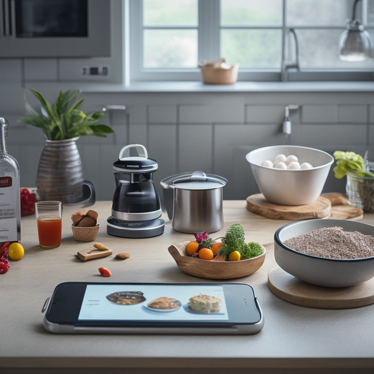 A tidy kitchen island with a smartphone and five icons on its screen, surrounded by a mixing bowl, utensils, and a cookbook with a chef's hat on top.