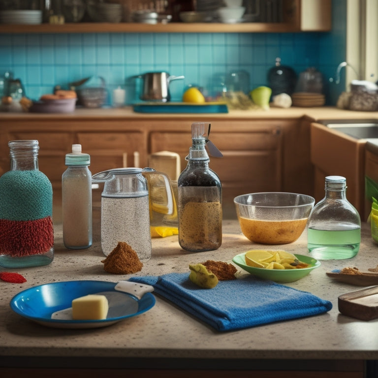 A cluttered kitchen counter with sticky spills, crumbs, and stains, surrounded by dirty dishes and utensils, with a few cleaner bottles and sponges in the corner, awaiting use.