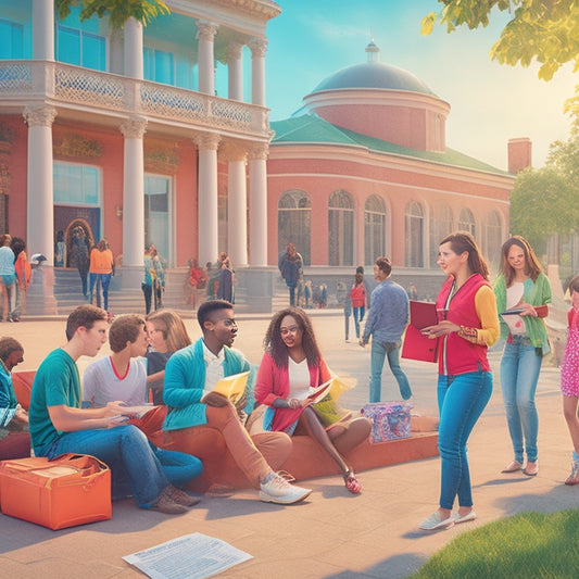 A vibrant illustration depicting a diverse group of students socializing, studying, and participating in extracurricular activities on a sunlit campus, surrounded by subtle hints of financial support symbols (e.g., coins, piggy banks).