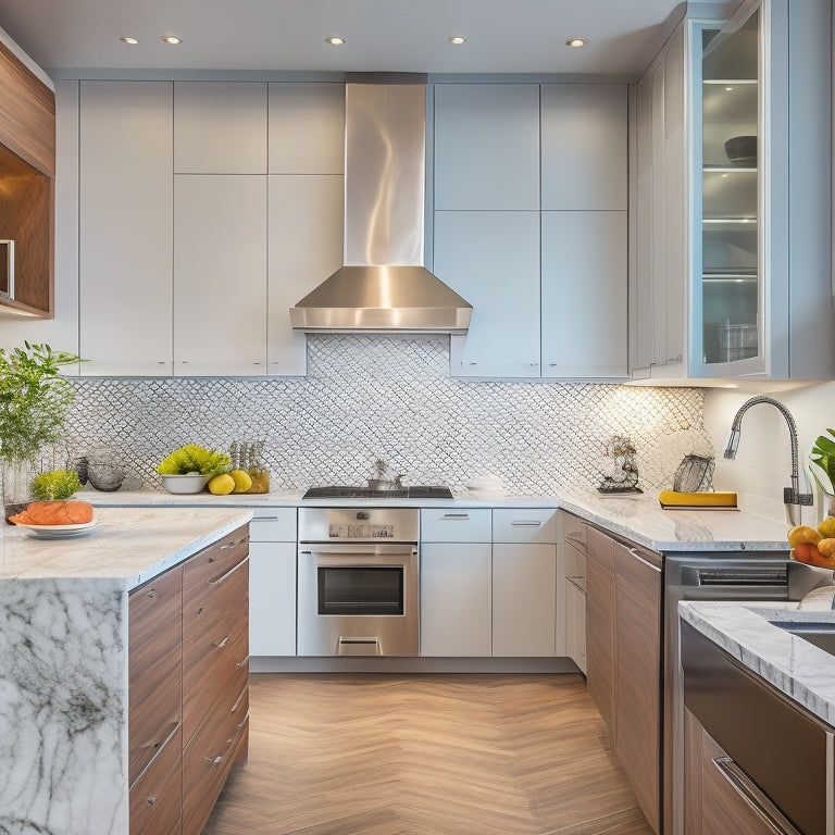 A sleek, modern kitchen featuring a stunning tile backsplash with a mix of white and gray marble hexagons, stainless steel appliances, and warm wood cabinetry.