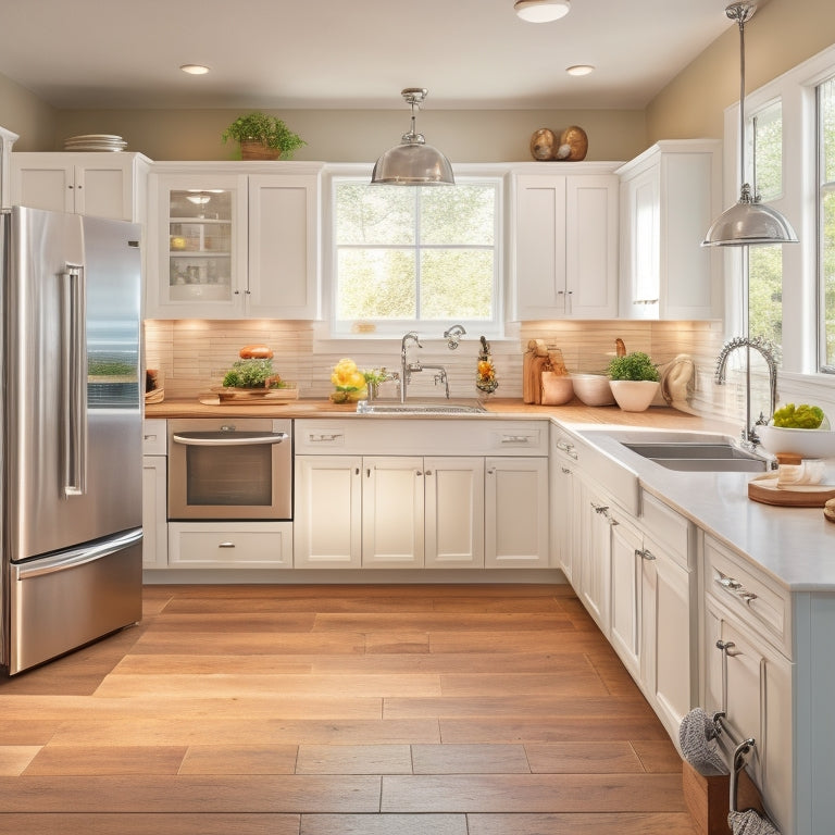 A tidy kitchen with white cabinets, stainless steel appliances, and warm wooden countertops, featuring a pull-out pantry, a utensil organizer, and a corner carousel, all illuminated by soft, natural light.