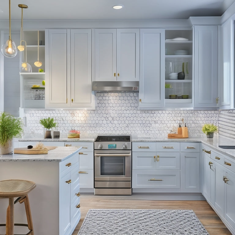 A bright, modern kitchen with white cabinets, gray quartz countertops, and a geometric-patterned backsplash, featuring a wall-mounted pegboard, a rolling island, and a floor-to-ceiling storage unit.