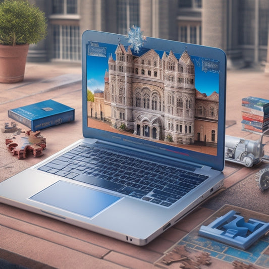 A stylized illustration of a laptop surrounded by various puzzle pieces, gears, and arrows, with a subtle background of a campus or university setting, conveying organization and optimization.