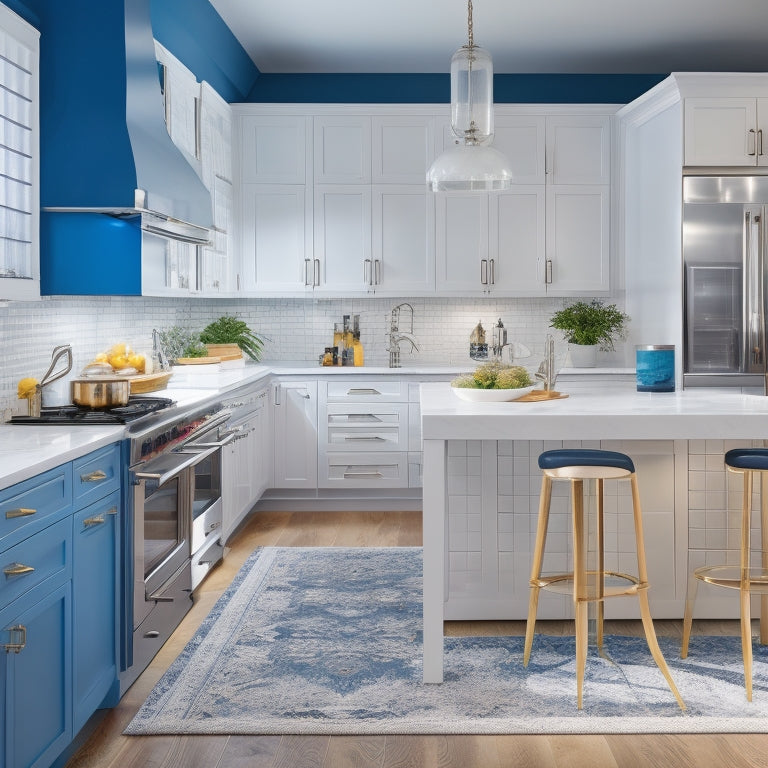 A bright, modern kitchen with sleek white cabinets, dark hardwood floors, and a large island, surrounded by various design templates, blueprints, and color swatches, with a designer's pencil and ruler in the foreground.