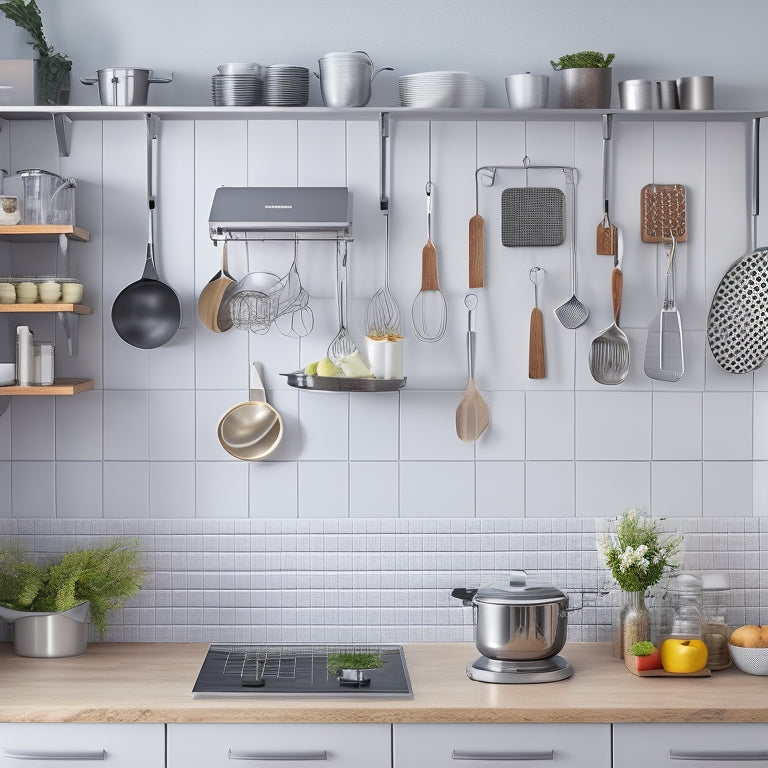 A tidy, modern apartment kitchen with a stainless steel countertop, containing a utensil organizer, a stand mixer, a Instant Pot, a kitchen cart, and a pegboard with hanging pots and pans.