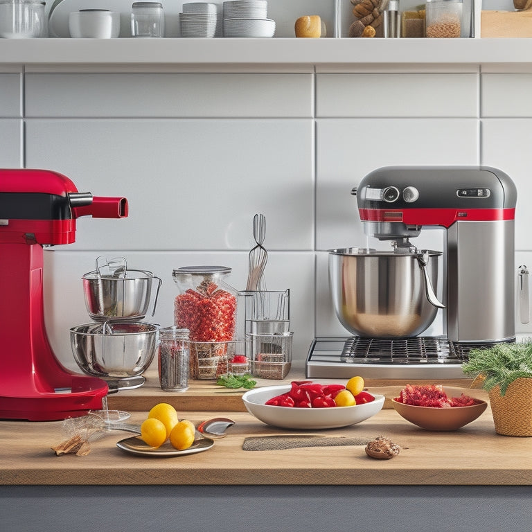 A busy kitchen counter with a sleek, stainless steel stand mixer, a vibrant red immersion blender, a modern air fryer, and a few trendy cooking utensils, surrounded by fresh ingredients and recipe books.