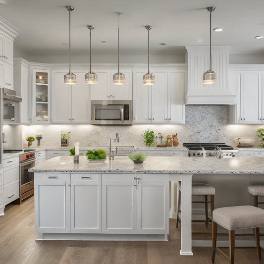 A modern kitchen with sleek white cabinets, granite countertops, and stainless steel appliances, featuring a large island in the center with a built-in cooktop and pendant lights above.