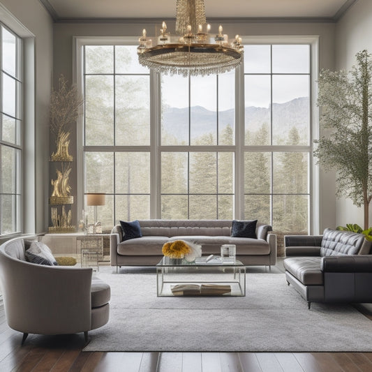 A grand, modern living room with high ceilings, floor-to-ceiling windows, and sleek marble floors, featuring a statement chandelier, plush sectional sofa, and a stone-clad fireplace.