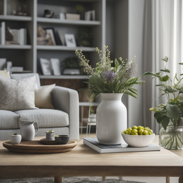 A serene, clutter-free living room with a vase of fresh flowers on a polished wooden coffee table, surrounded by neatly arranged books and a few minimalist decorative items.