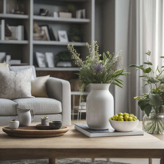 A serene, clutter-free living room with a vase of fresh flowers on a polished wooden coffee table, surrounded by neatly arranged books and a few minimalist decorative items.