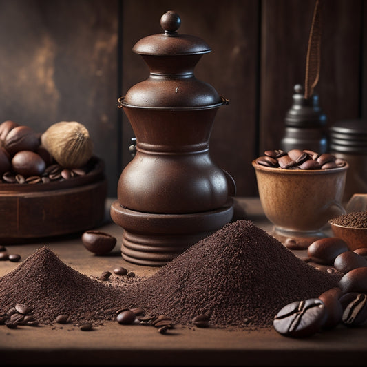 A warm-lit, rustic wooden background with a vintage coffee grinder centered, surrounded by scattered coffee beans, and a few freshly ground coffee particles sprinkled around.