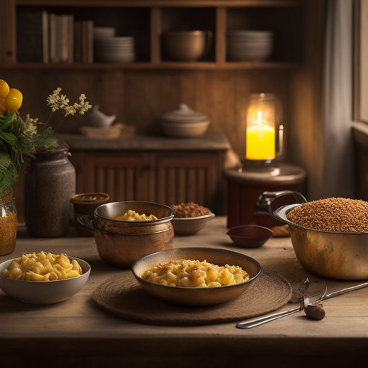 A warm, golden-lit kitchen scene with a steaming bowl of creamy mac and cheese on a worn wooden table, surrounded by scattered cookbooks and a few scattered crumbs.