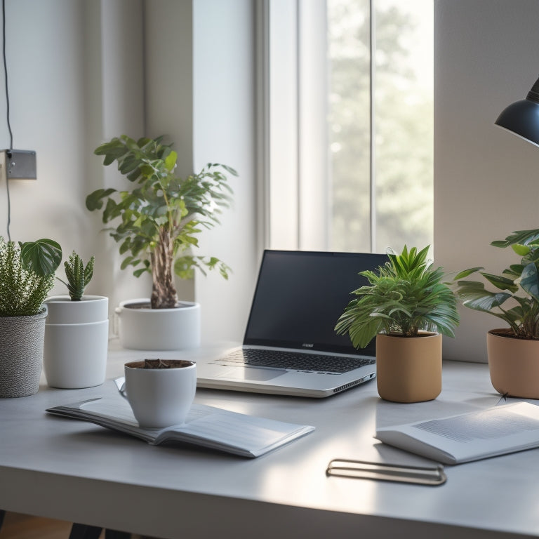 A serene, minimalist workspace with a laptop, a few organized folders, and a small potted plant, surrounded by subtle, soft light, conveying a sense of calm and digital organization.