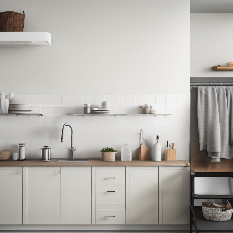 A serene, minimalist kitchen with a few, carefully-placed design tools: a utensil organizer on the counter, a wall-mounted pot rack, and a sleek, pull-out trash can.