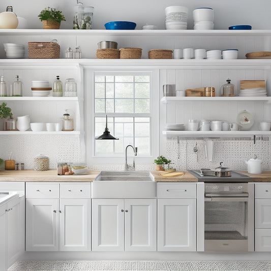 A tidy kitchen with white cabinets, marble countertops, and stainless steel appliances, featuring a pegboard with hanging utensils, a slide-out spice rack, and a set of stackable glass containers.