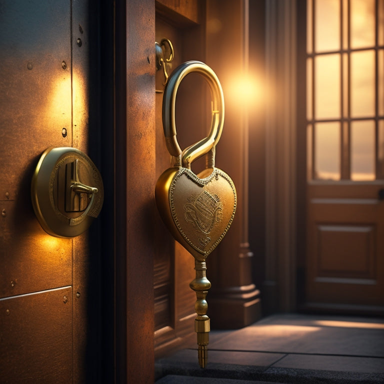 A golden key unlocking a padlock on a worn, leather-bound door, with a subtle glow emanating from the crack, set against a backdrop of rising stairs and a distant, sunlit horizon.